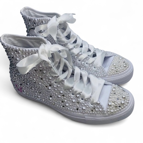 Crystal Diamond & Pearls High Top Converse Sizes 5-14 New With Ribbon Laces - Picture 1 of 15